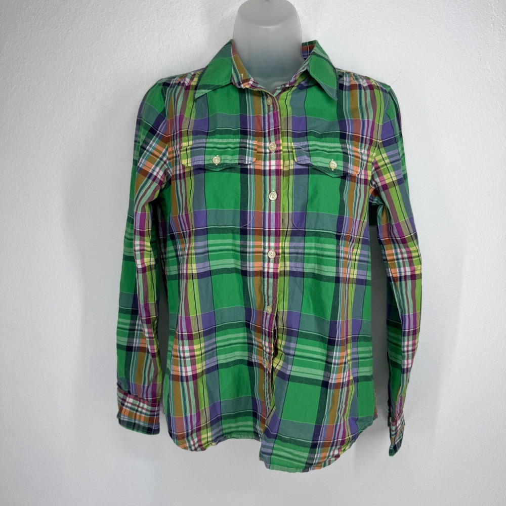 Ralph Lauren Green Plaid Button Down Shirt XS Gauze Cotton Long Sleeve‎ Preppy